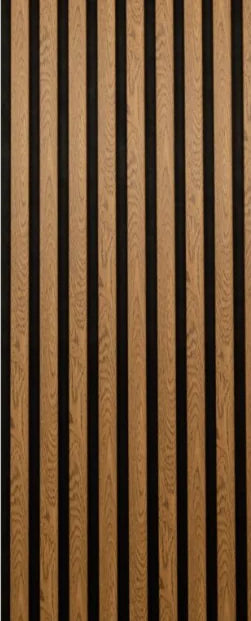 Panou Riflat Premium cu proprietăți fonoabsorbante – Golden Oak Luxury, textură stejar auriu, suport PET acustic negru, 2,8 m × 45 cm – Cod ER-R96